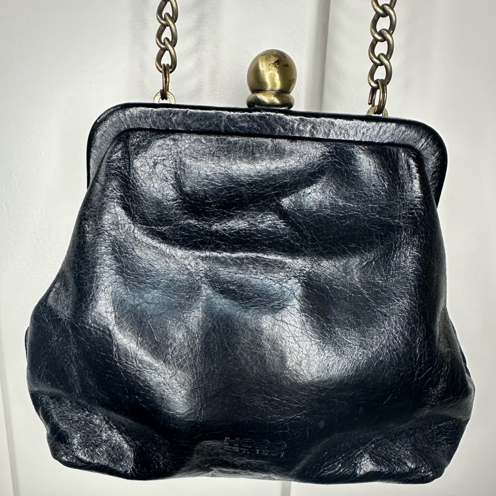 Hobo Int'l Black Leather Kiss Lock Crossbody Bag Vintage Style Chain Strap